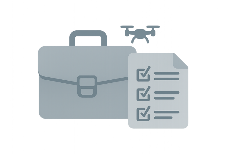 Illustration: Aktenkoffer mit Drohnen-Silhouette und Checkliste